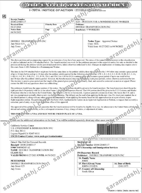 USA Form I-797A, Notice of Action